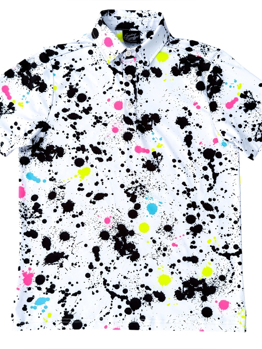 Sunday Swagger White Black Paint Splatter Short Sleeve Performance Polo Boys Med